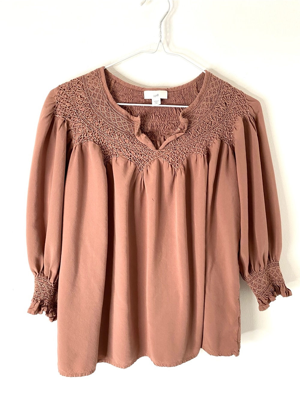 J. Jill Smocked Peasant Blouse Dusty Rose Boho Balloon Sleeve Viscose Top
